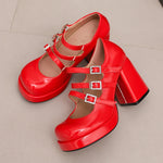 Plus Size Women Red Patent Leather Platform Mary Jane Shoes 3 Rhinestone Buckle Straps Chunky BlockY2K Lolita Party Pumps