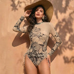 Vintage Long Sleeved Mesh Sunscreen Swimsuit Women Blue Floral Print Drawstring Side High Waist Swimwear 2026 Beach Bathing Suit