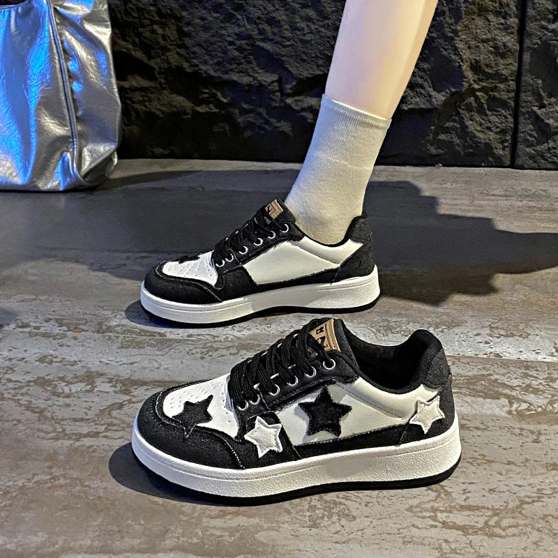Women Denim Patchwork Star Decor Skate Sneakers Lace‑Up Low Top Thick Sole Fashion Casual Daily Walking Board Shoes For Ladies