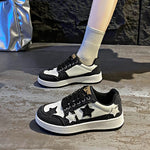 Women Denim Patchwork Star Decor Skate Sneakers Lace‑Up Low Top Thick Sole Fashion Casual Daily Walking Board Shoes For Ladies