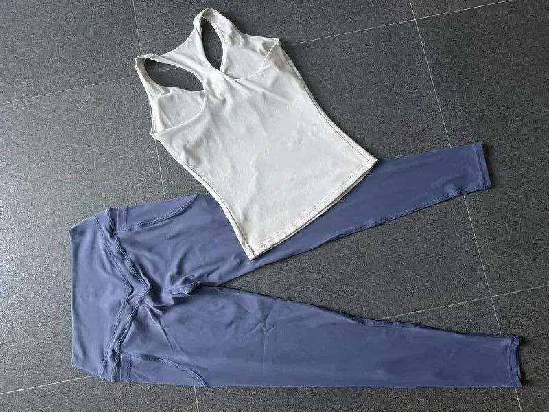 Women's Seamless Yoga Sets Sports Fitness Hip-lifting High Waist Pant Sleeveless Backless Suits Workout Running Leggings Sets