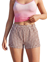 Summer Women's Loose Plaid Shorts Elastic Waist Wide Leg Shorts with Pockets Daily Lounge Casual Going Out Short Pants