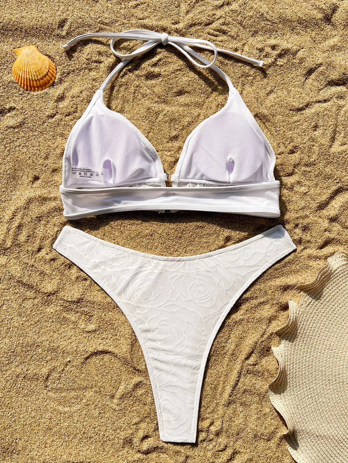 sexy white floral print mesh halter bikini set two pieces push up high waist thong swimsuit bathing suit swimwear biquini bakini