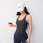 Women's U-Neck Yoga Vest with Chest Pad Long Running Sports Gym Top Breathable Comfortable Fitness Clothing