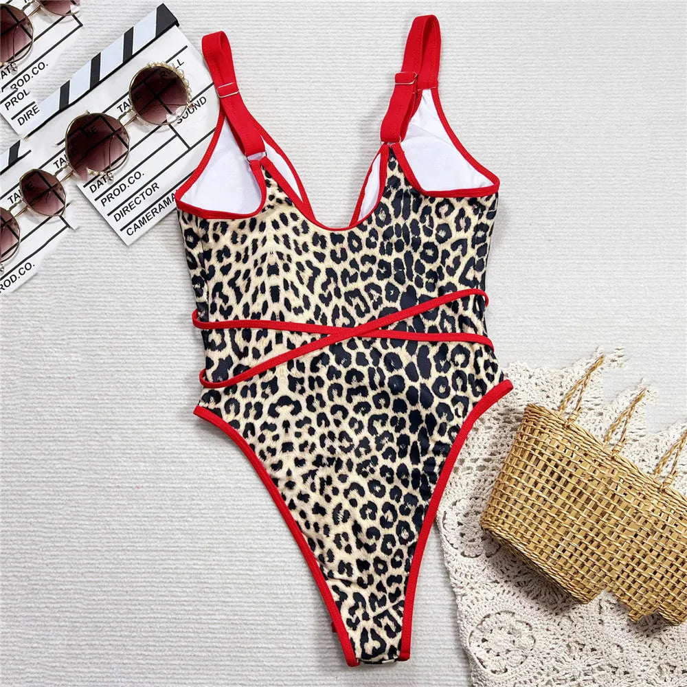 Red Leopard Print Hollow Out Sexy Swimsuit Woman One Piece Swimwear 2026 String Cross Monokini High Cut Bathing Swimming Suit