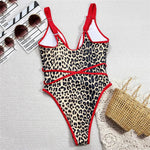 Red Leopard Print Hollow Out Sexy Swimsuit Woman One Piece Swimwear 2026 String Cross Monokini High Cut Bathing Swimming Suit