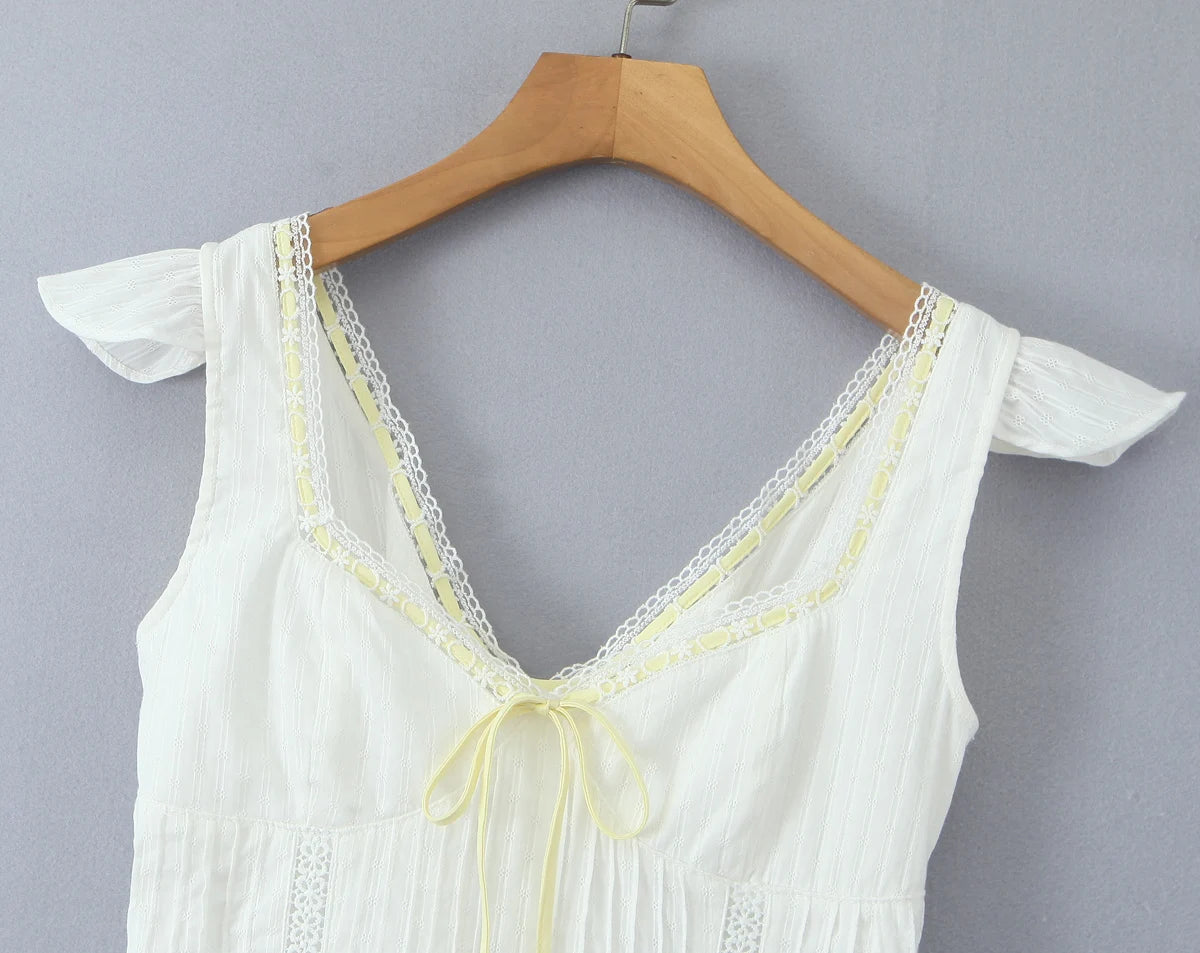 White Lace Dress Summer Women's Dress Bowknot Back Tie Up Short Beach Vestidos Female Sleeveless Mini Casual Cotton Dress 2025