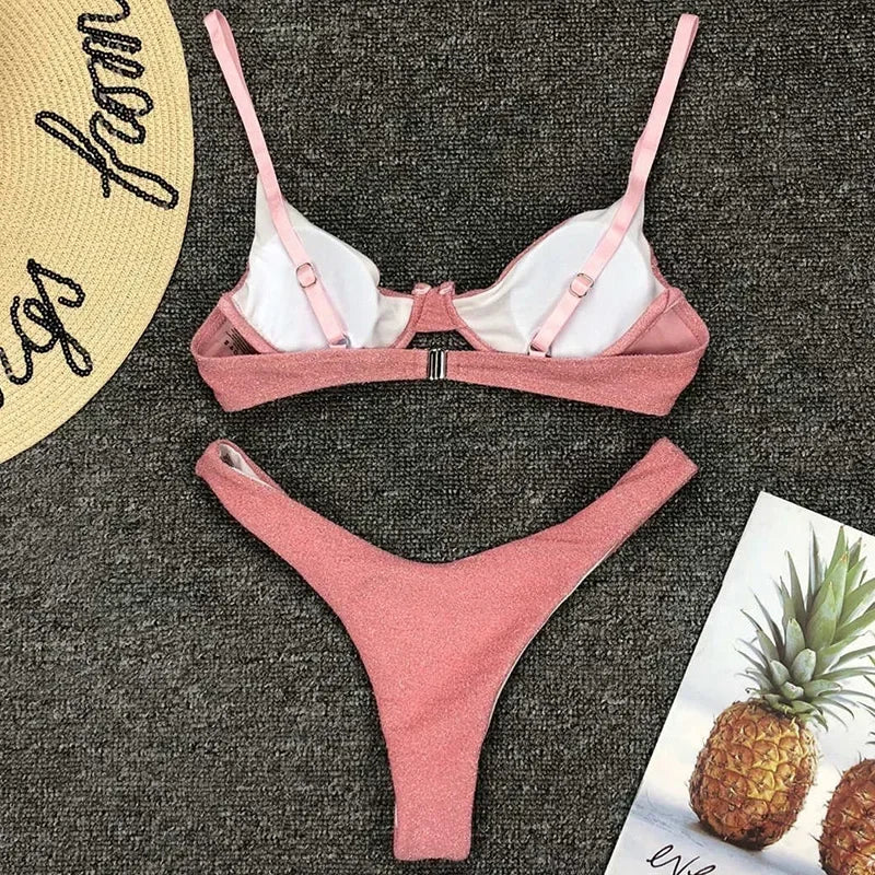 Glitter Shiny Underwired V-Bar Bikini Women Swimsuit Female Brazilian Swimwear Two-piece Bikini Set Triangle Bathing Suit Swim