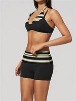 Breathable Striped Patchwork Yoga Clothing Women Fake Two-piece Sports Bra Folding High Waist Shorts Gym Running Fitness Suit