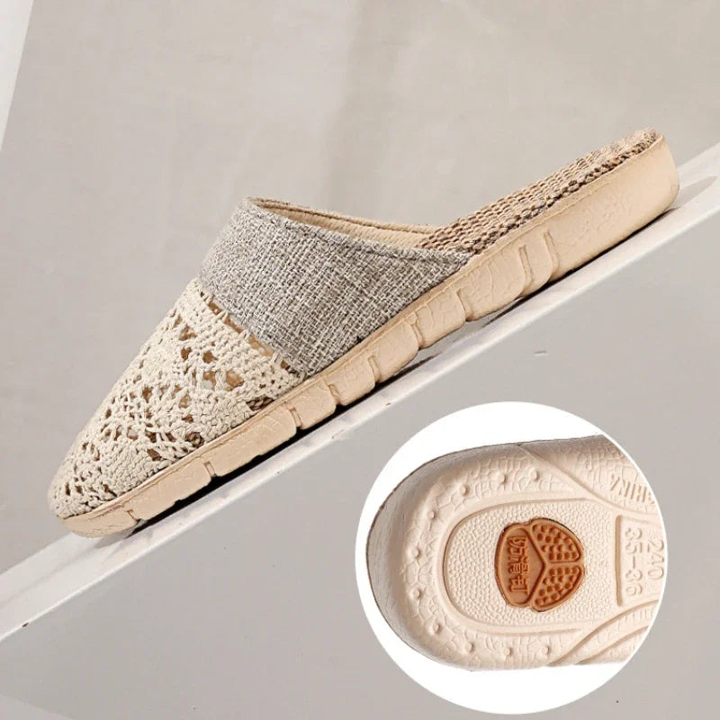 Women Indoor Linen Slippers 2025 Spring Summer Shoes Anti-slip Light Weight Breathable Lace Couples Home Floor Slides