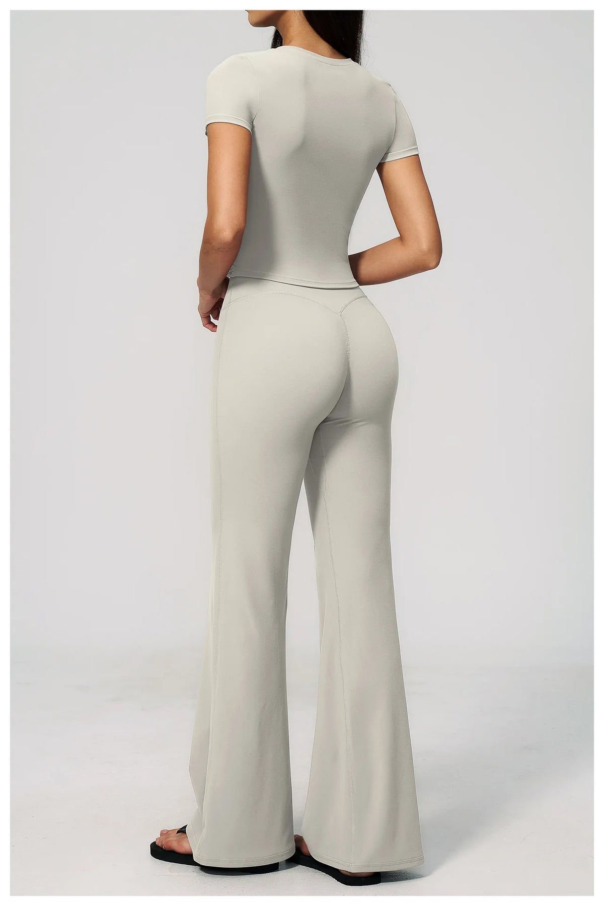 Creamy 2 Pieces Workout Suit Women Yoga Outfits Short Sleeve O Neck Slim Sports T Shirts High Waist Flare Pants Gym Fitness Sets