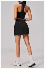 Women's Tracksuit Yoga Set 2 Pieces High Waist Pleate Pocket Skort Fitness Suit Turn Down Collar V Neck Slim Tank Top Sporstwear