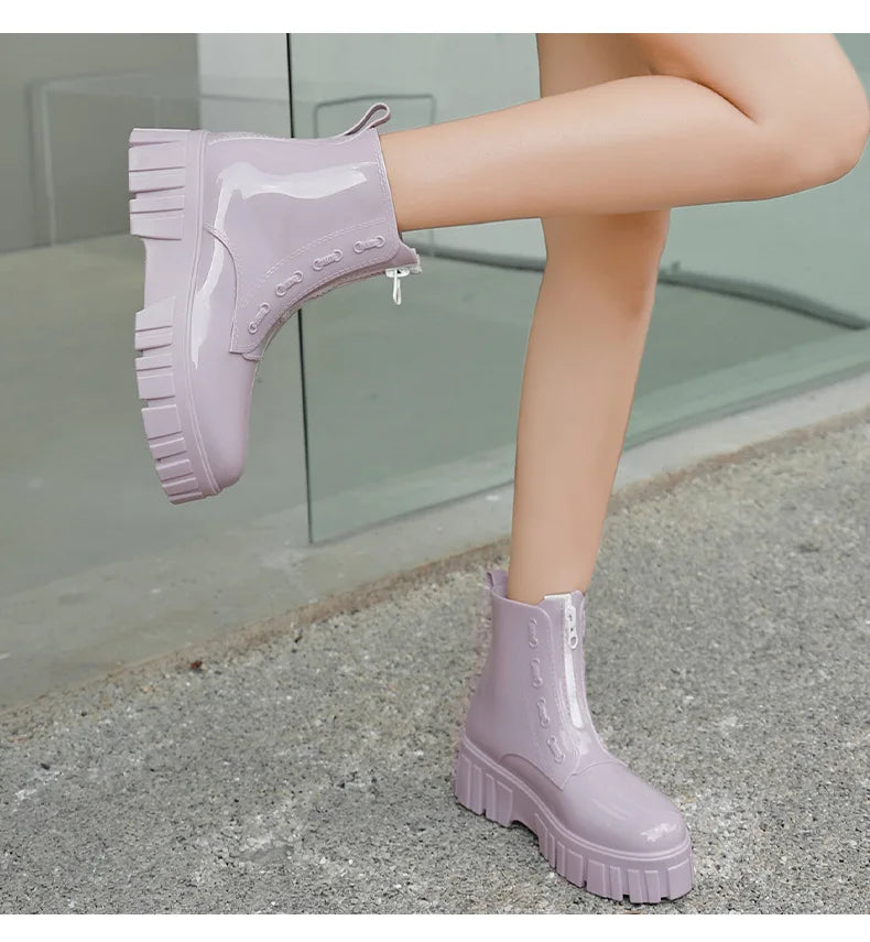 Women Thick Soled Rain Boots Non-Slip Fashion Outdoor Wear-resistant Rubber Waterproof Shoes Women Jelly Soft Soled Rain Boots