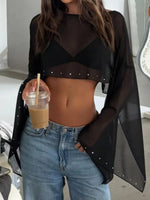 Women's Mesh Sheer Cover-ups Rhinestone Decor Long Sleeve Boat Neck Loose Fit Crop Tops See Through Sexy Beach Blouse