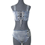 DEKA Women Denim Chain Bikini Set Jeans Cross Swimsuit Decoration High Waist Super Short Pants Swimwear Two-Pieces Bathing Suits