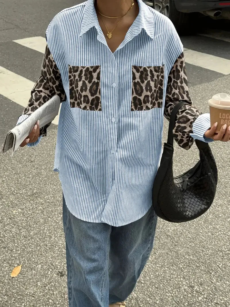 2026 New Women's Loose Casual Leopard Stripe Patchwork Long Sleeve Shirt with Pockets Turn Down Collar Blouse Top