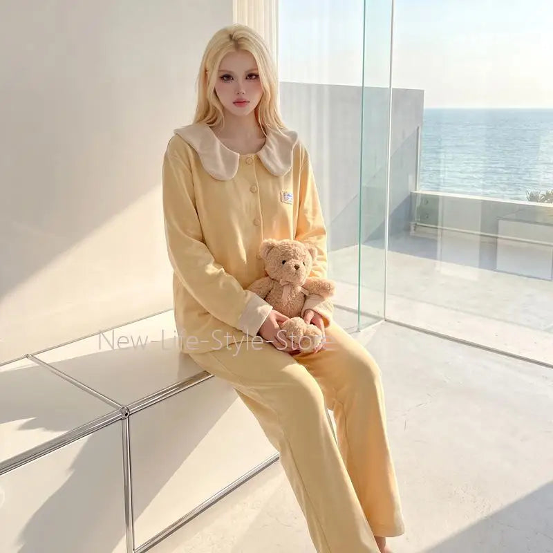 Autumn Winter Women Sleepwear, Solid Color Dralon Pajama Set, Soft Warm Doll Collar Long Sleeve & Long Pants Home Loungewear