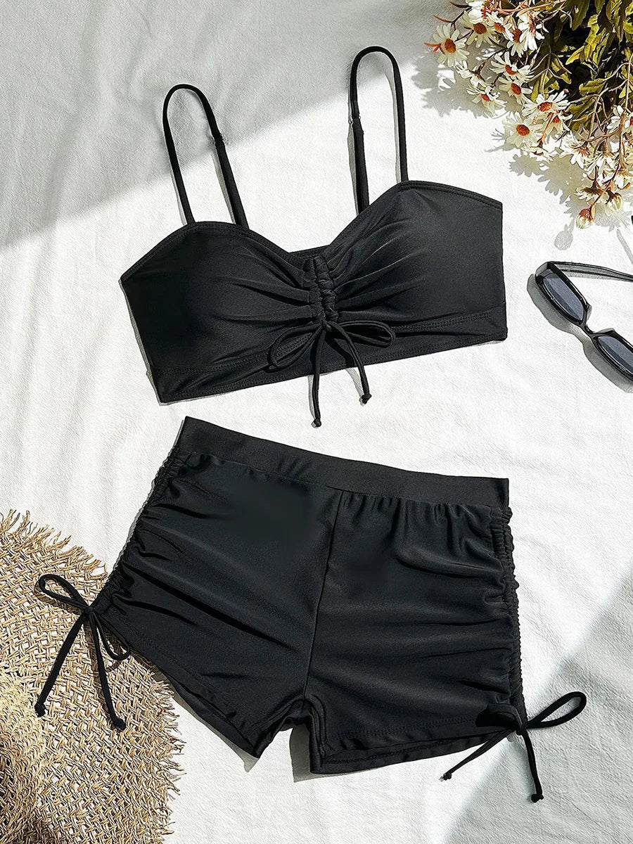 Wrinkled Knotted Shorts High Waist Bikini Female Swimsuit Women Swimwear Two-pieces Bikini Set Tankini Bathing Suit Swim Beach