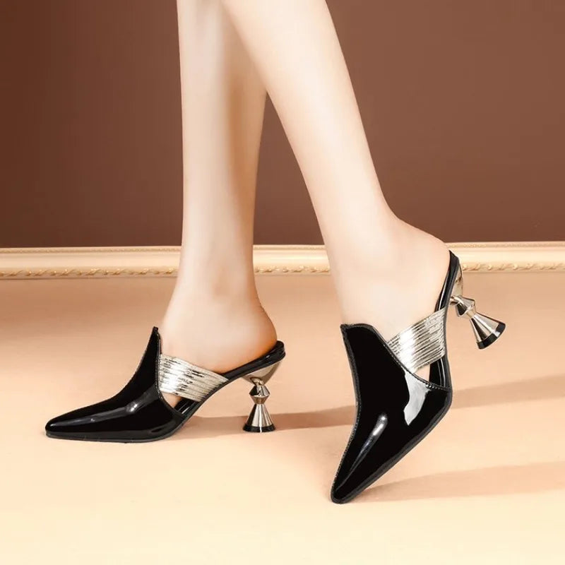 High heel, slippers women 2026 patent leather temperament, fashionable toe sandals women outdoor wear,