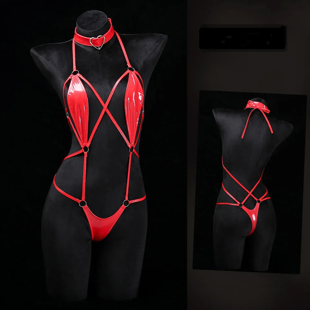 Women Patent Leather Harness Lingerie with Heart Choker Open Back Crotch Less Erotic Bodysuit Intimate Club Wear for Night Party