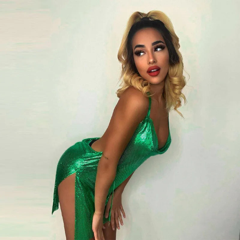 Sexy Hot Girl Slim Halter Neck Mini Dress Fold V-neck Low Cut Backless Bodycon Slit Short Dresses Streetwear Lady Party Vestidos