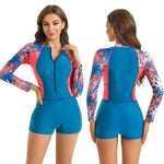 Long Sleeve Patchwork One Piece Swimsuit Training Swim Suits Beach Wear 2026 Blue Boyleg Swimwear Print Zipper Front Surf Suit