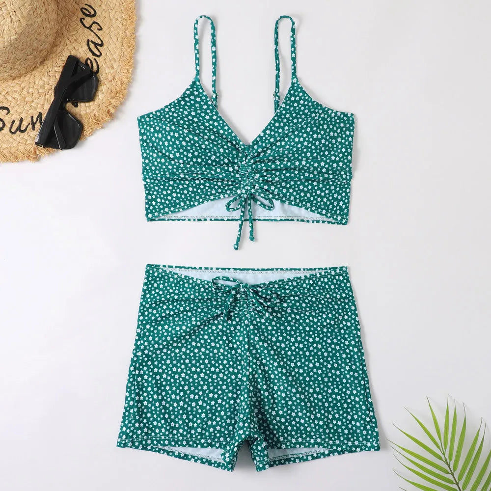 High Waist Bikini Swimsuit Women 2024 Floral Print Swim Suits Drawstring Front Shorts Boxers Swimwear Trunks Pool Bathing Suit