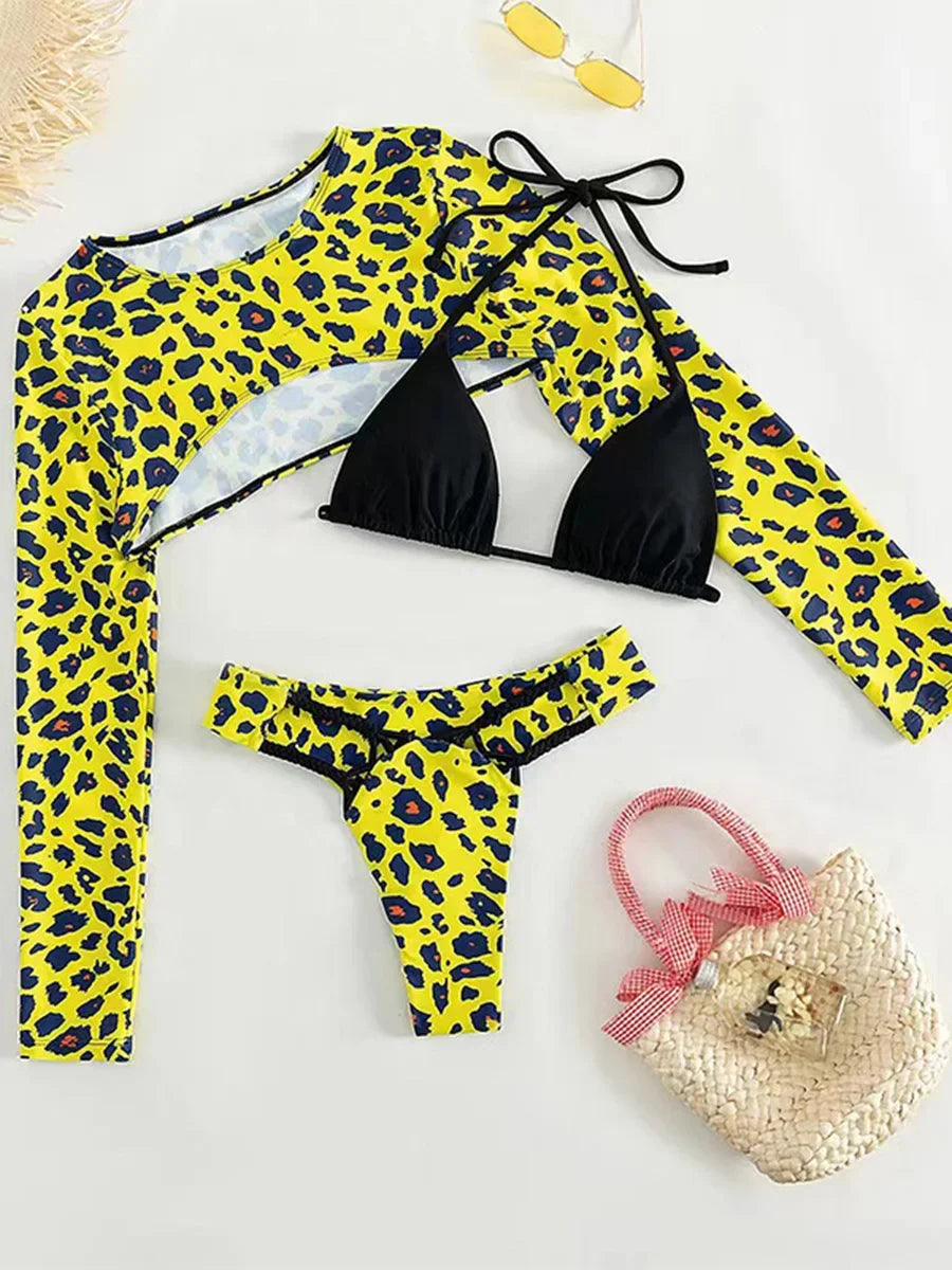 Leopard Printed Long Sleeve Beach Cover-up Bikini Women Swimwear Female Swimsuit Three-pieces Bikini Set Micro Bathing Suit Swim