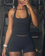 Yoga Sets Women Gym Clothes Longline Strappy Top High Waist Shorts Activewear 2 Piece Set Fitness Suit Running Workout Suits