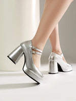 Women Silver Metallic Platform Mary Jane Shoes Double Rhinestone Buckle Chunky Block High Heels Y2K Vintage Square Toe Pumps