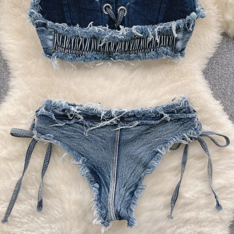 Bathing Suit Women Sexy Denim Suits Bikini Set Lace Up Drawstring Beachwear 2025 Solid Summer Vintage Two-pieces Swimwear