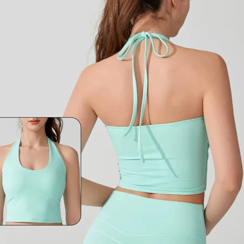 Women's Halter Neck Sports Bra Vest Slimming Tube Top for Yoga Gym Running Beautiful Back Sling Design One Cup Gathered Summer F