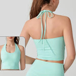 Women's Halter Neck Sports Bra Vest Slimming Tube Top for Yoga Gym Running Beautiful Back Sling Design One Cup Gathered Summer F