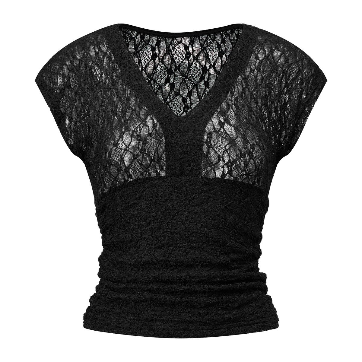 Women Summer Sheer Lace Tops Slim Fit V Neck Cap Sleeve Ruched Slim Crop Shirts Going Out Office Party Sexy T-shirt