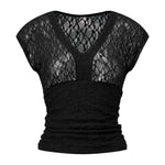 Women Summer Sheer Lace Tops Slim Fit V Neck Cap Sleeve Ruched Slim Crop Shirts Going Out Office Party Sexy T-shirt