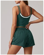 Women's New Summer Yoga Sets Color Blocked Double Strap Workout Tank Top Fitness Suit Drawstring High Waist Short Sport Set