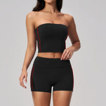 Summer Tight Yoga Suit Women Color Contrast Strapless Slim Sports Tank Top Shorts Fitness Suit Gym Running Workout Tracksuit