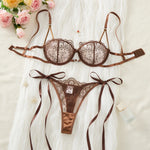 Coffee vintage lace lingerie set - Sexy net fabric embroidery 3/4 cup gathering bra with elasticized straps thong set
