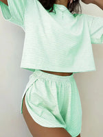 2026 New Women's Striped Pajama Set Summer Short-Sleeved T-Shirt and Shorts 2-Piece Set Home Wear Casual Loose Round Neck Pajama