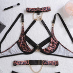 2025 Metal Chain Sexy Wild Leopard Pattern Hollow Cross Heavy Craftsmanship Body Shaping Sexy Underwear Five Piece Set
