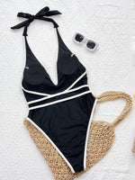 Splicing Deep V Neck Halter With Waist Belt Women Swimwear One Piece Swimsuit Female Monokini High Cut Bather Bathing Suit Swim