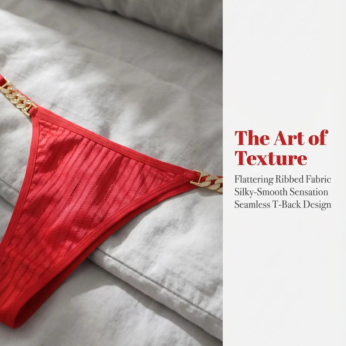 Women Red Thong Sexy G-string Rhinestone Chain Breathable Ribbed Fabric Low Rise Perfect Fit No Panty Lines Lingerie C2351
