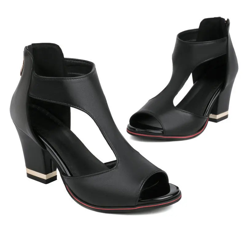 Fish Mouth High Heel Shoes Women's Summer Thick Heel Sandals Waterproof Platform Thick Sole Sexy Slim Back Zipper Hollow