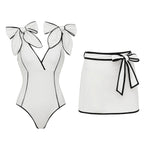 New 2Pcs Black Hollow Swimsuit Women Sexy Swimwear With Midi Skirt Push Up Bikini Female Biquini Bathingsuit Bodysuit Beachwear