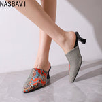 NASBAVI New Breathable Hollow Slippers Stone Pattern Leather Pumps Women Chunky Heels Mules Black Dress Shoes Big Size 45 46 47
