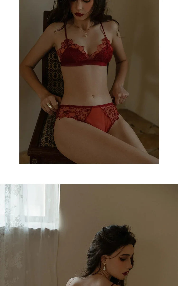 MOYISU Pure Desire Victoria French Lace Embroidered Lingerie Women's Thin Cup Triangle Cup Bra Set Comfortable No Underwire