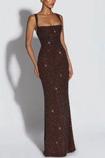 Women's Sequin Maxi Dress Burgundy Square Neck Sleeveless Bodycon Evening Gown Formal Party Prom Cocktail Mermaid Long Dresses