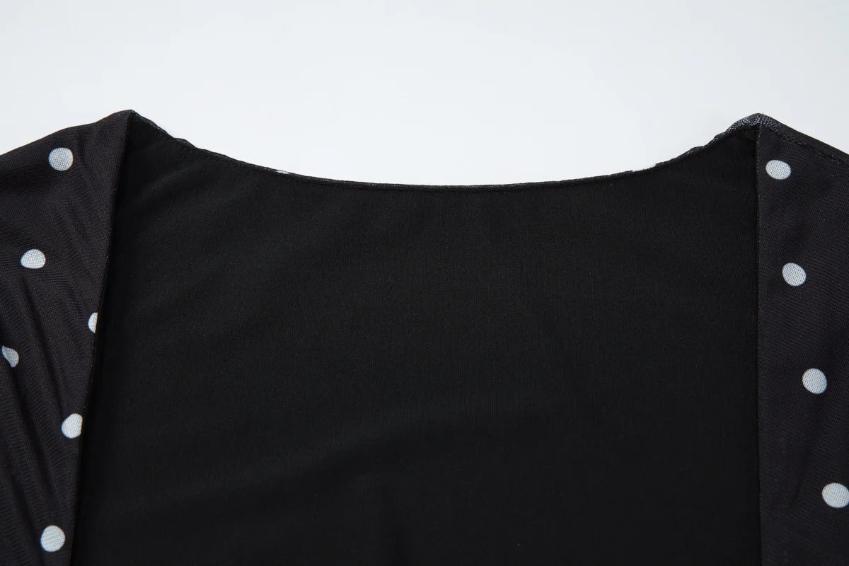 FDYOUI Chic Square Collar Black T-shirts Women's Summer Short Sleeve Polka Dot T Shirt 2026 Girls Clothes Slim Ruched Crop Top