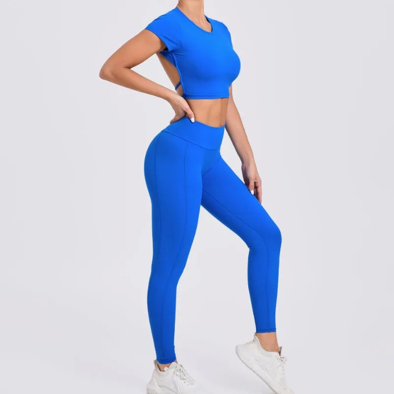 Women's Yoga Sets 2 Piece High Waist Hip Lift Leggings with Cross Back Sports Bra Seamless Workout Clothes Fitness Gym Wear Set