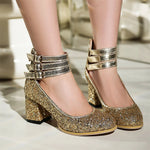 Big Size 48 Bling Sequined Silver Wedding Pumps Elegant Block High Heels Shoes Women Black Gold Glitter Ankle Strap Party Pumps